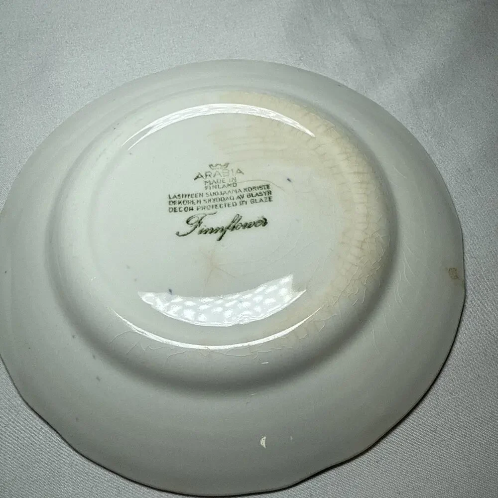 Arabia Finland Set Of 2 Saucers Blue and White Floral Print Glazed Beautiful